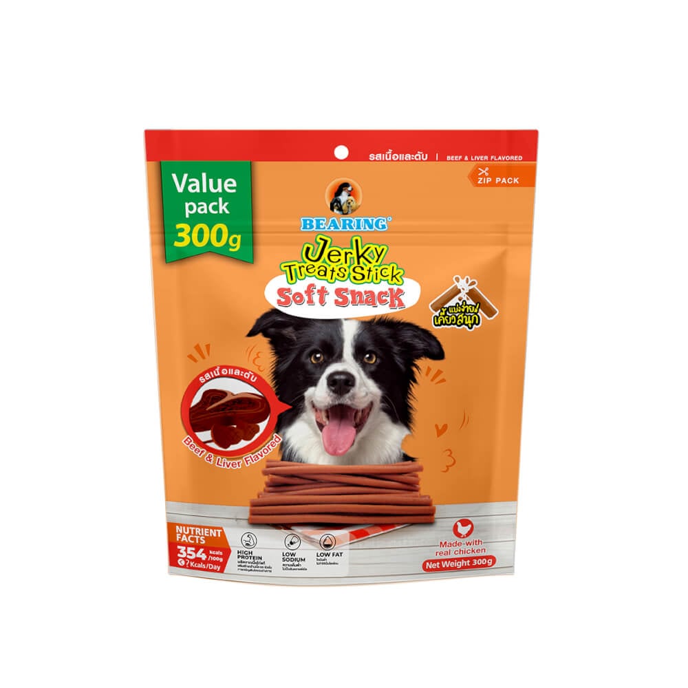 ขนมสุนัข BEARING เนื้อไก่อัดแท่ง สูตร JERKY TREATS SOFT SNACK รสเนื้อและตับ ขนาด 300G_1